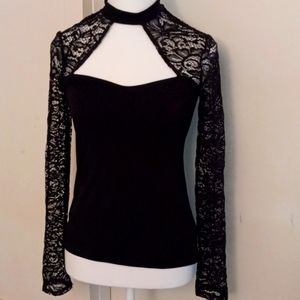 Express Black Lace Inset Cutout Neck FOXY Top